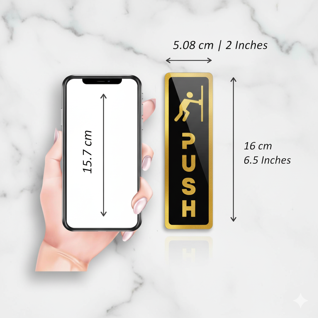 Acrylic Push & Pull Sign Board – Black & Gold Finish (Self-Adhesive)